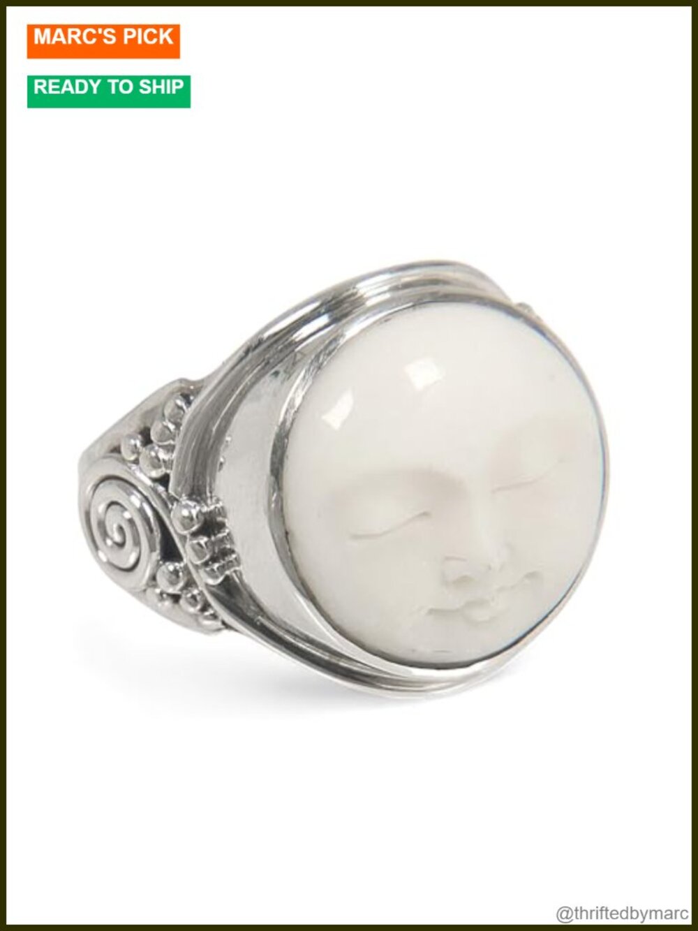 Handmade Cow Bone Moon Face Ring Sterling Silver Signet Cocktail